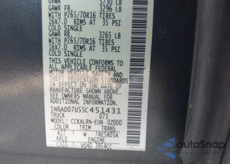 2005 Nissan Frontier Se из США, поврежденный, VIN 1N6AD07U55C451431